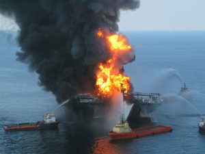 Deepwater Horizon in flames after the explosion. Credit: U. S. Coast Guard