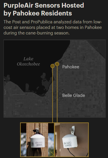 This map shows the locations of PurpleAir sensors, represented by yellow dots. The sensors, both placed in the city of Pahokee, are much closer together than the state air monitors shown in the previous diagram. This image also shows photos of the sensors at the bottom.