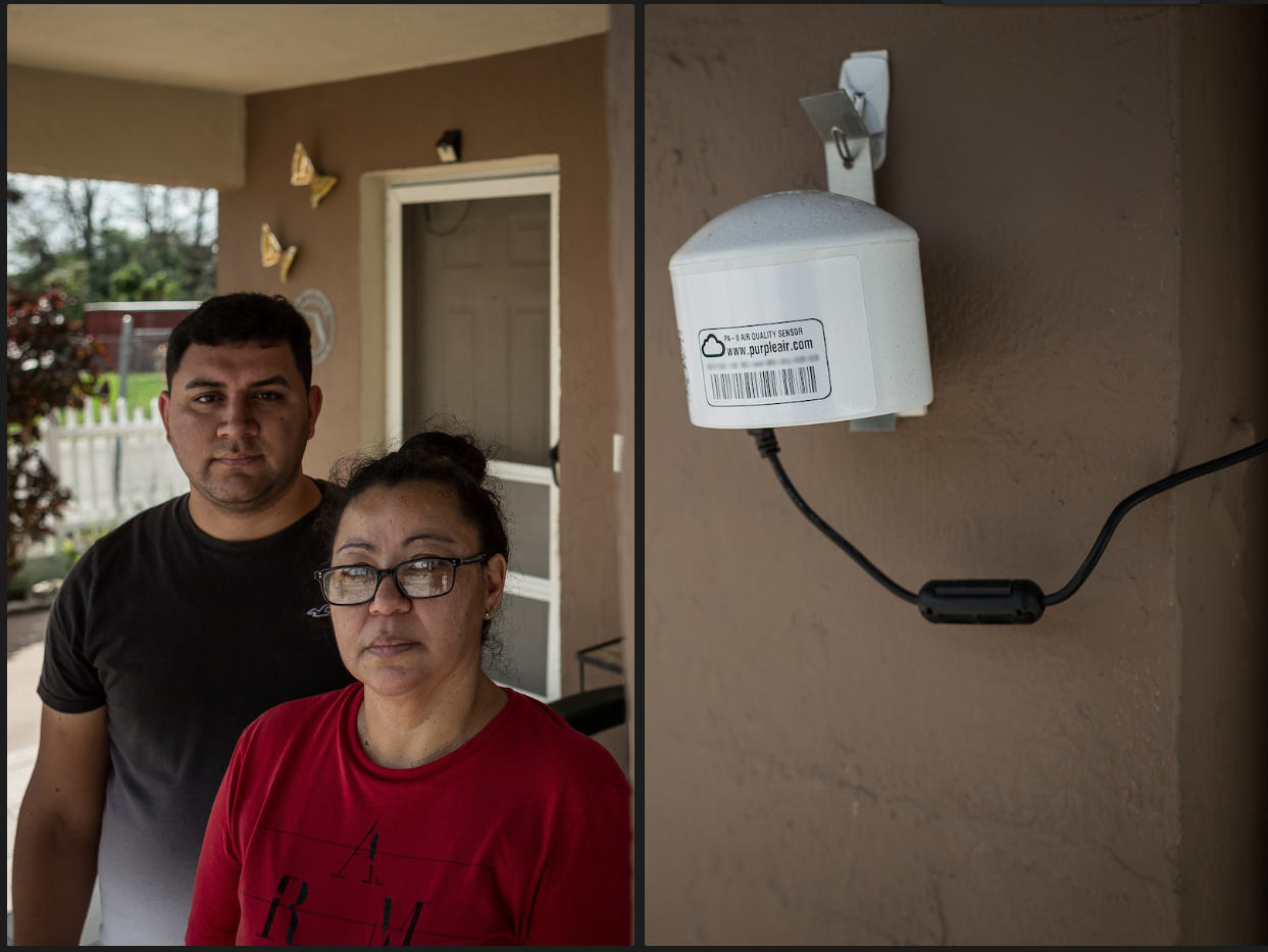 This gallery of two images shows a couple outside of their home, and zooms in on a purple air sensor attached to the outer wall. The sensor is a small, white, metal container hanging from a hook.