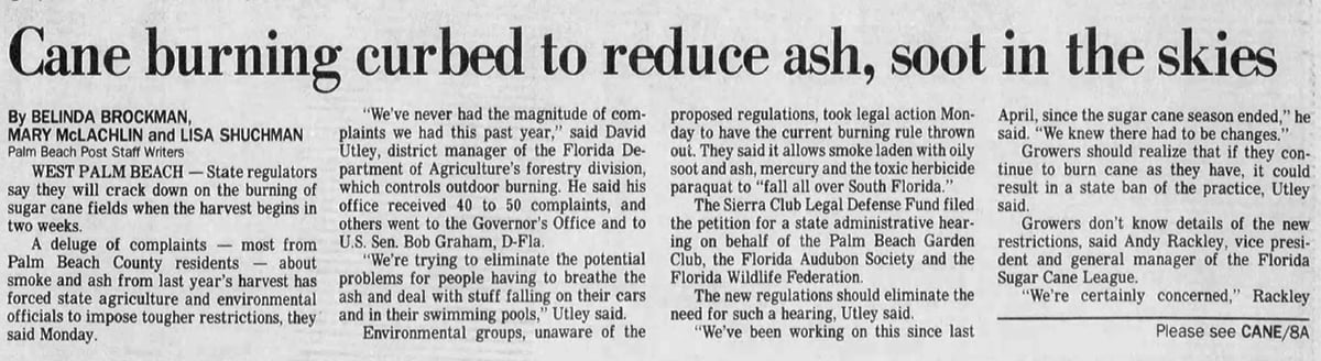 Photo of a newspaper clipping from The Palm Beach Post in 1991. Headline: "Cane burning curbed to reduce ash, soot in the skies."