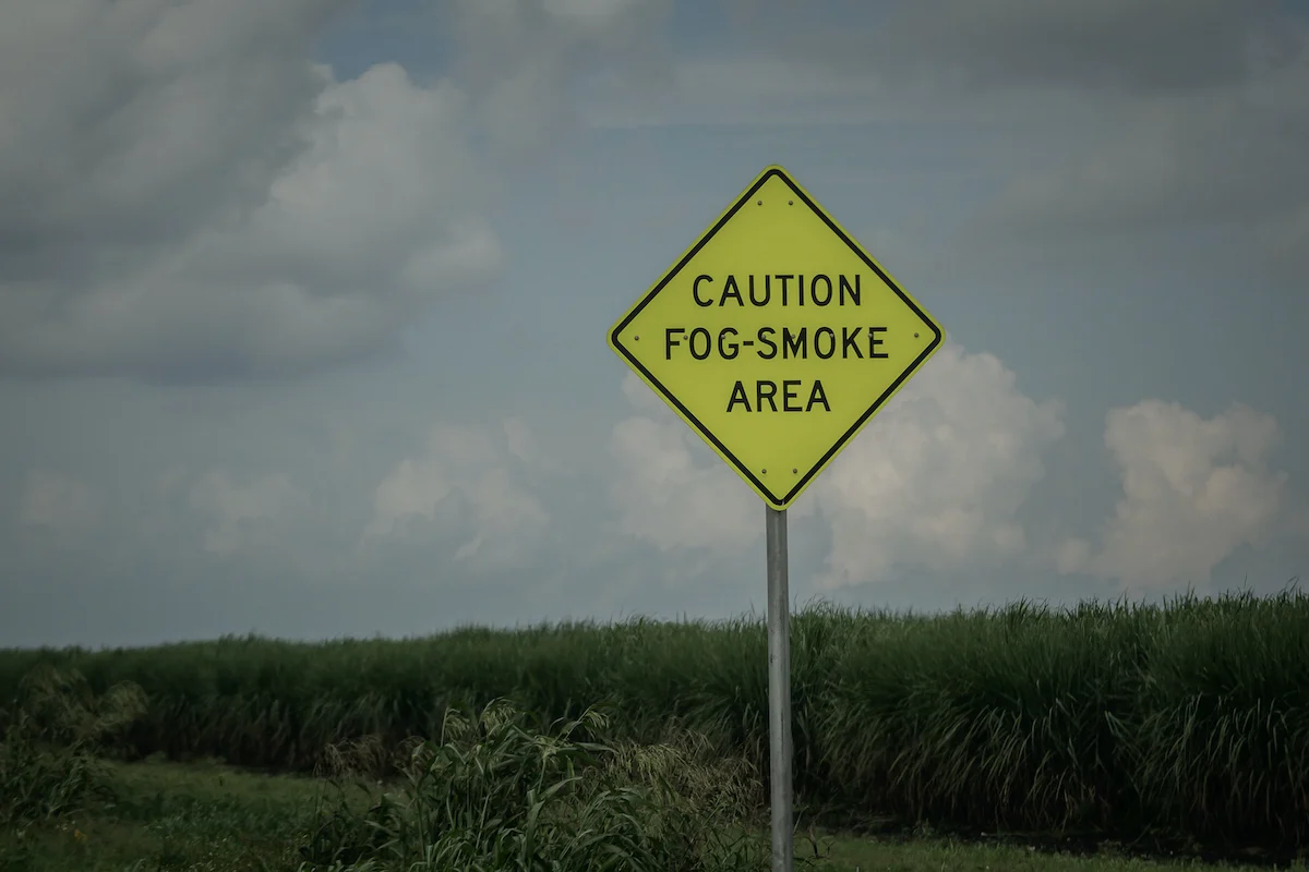 Photo of a roadway sign in front of a sugar cane field. The sign is a yellow square, reading: "CAUTION, FOG-SMOKE AREA."
