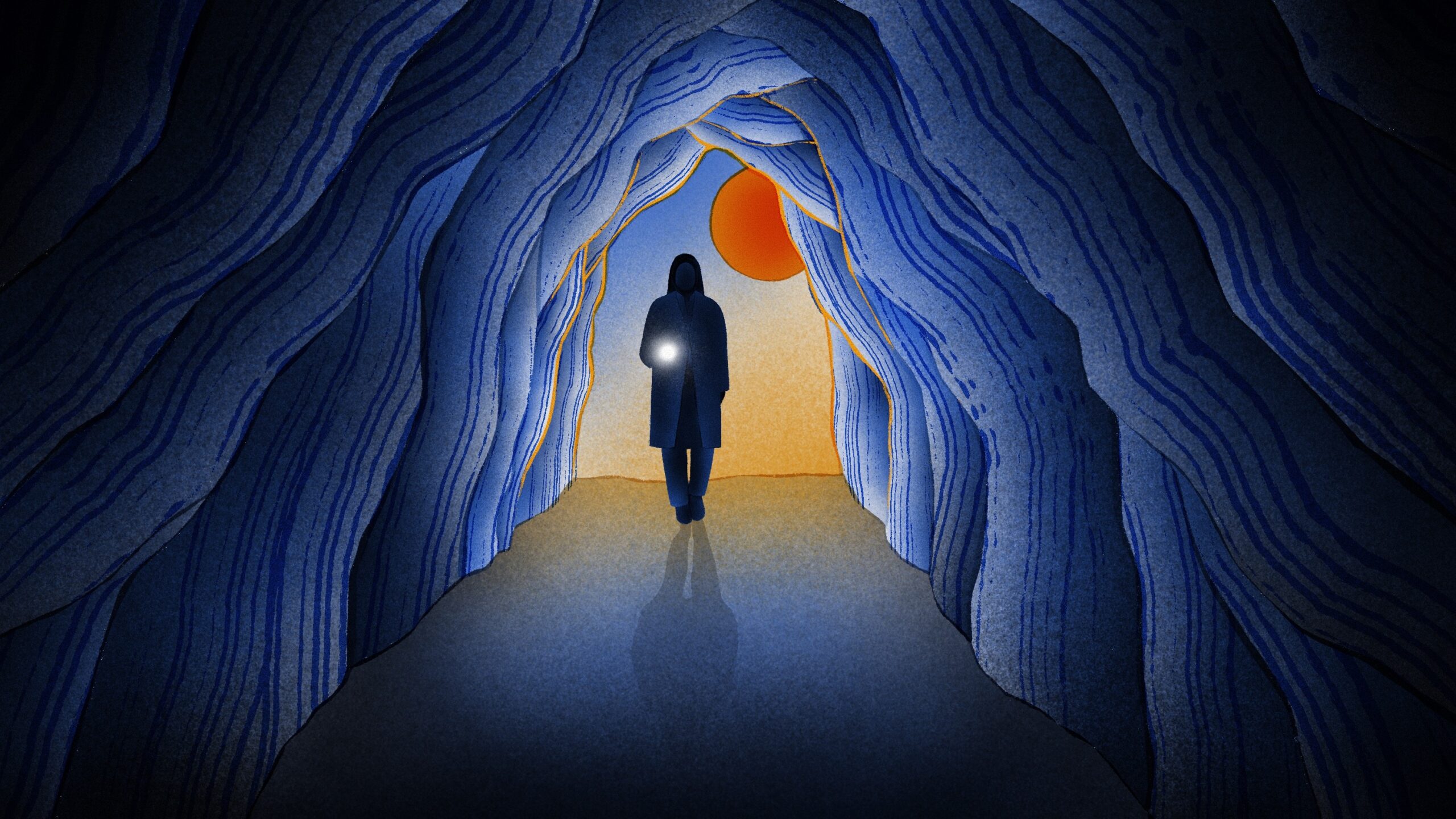 This illustration shows a figure in a lab coat walking into a cave, holding a flashlight.