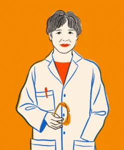 This illustration is a profile of virologist Shi Zhengli. She is pictured with short, dark hair, wearing a white lab coat and a orange shirt, holding a pair of lab glasses.