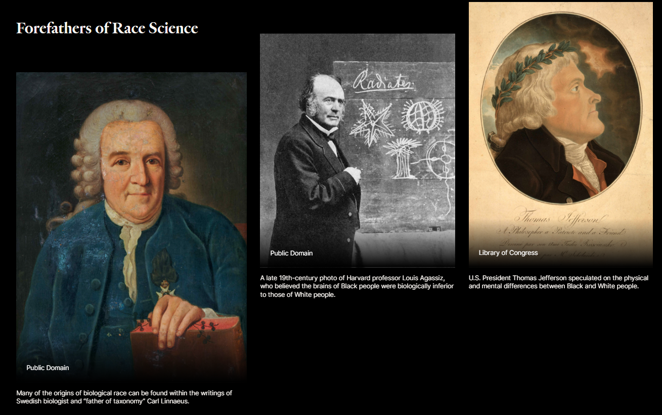 Part one of an image gallery titled, "Forefathers of Race Science." The three images show white, male scholars who made significant contributions to the perception that there are biological differences between races.
