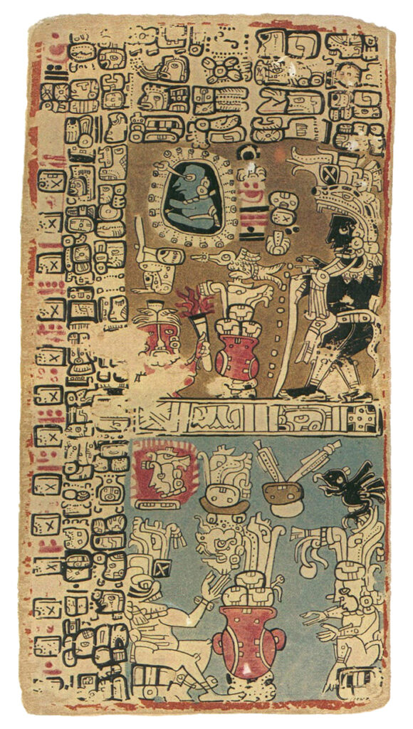 This page of the Madrid Codex is a yellowed page with detailed drawings in black, red, and blue. The drawings show symbols and images of different figures.