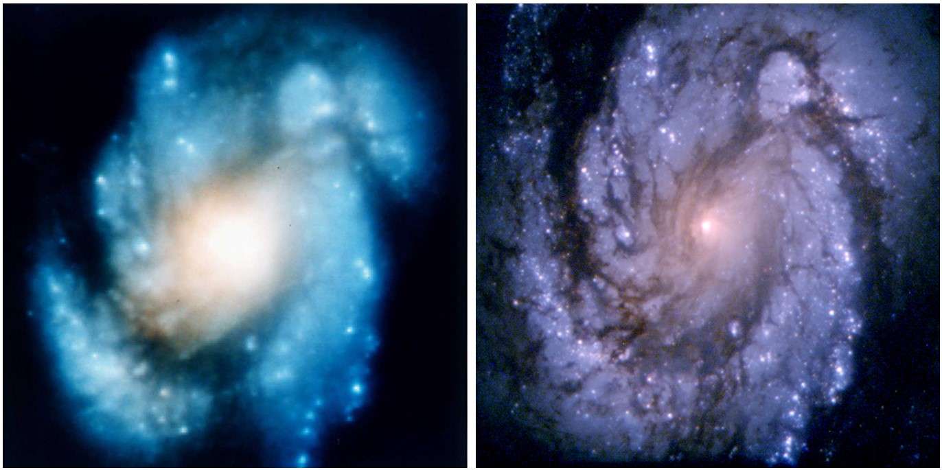 These two images show the M100 as blue and purple spirals.