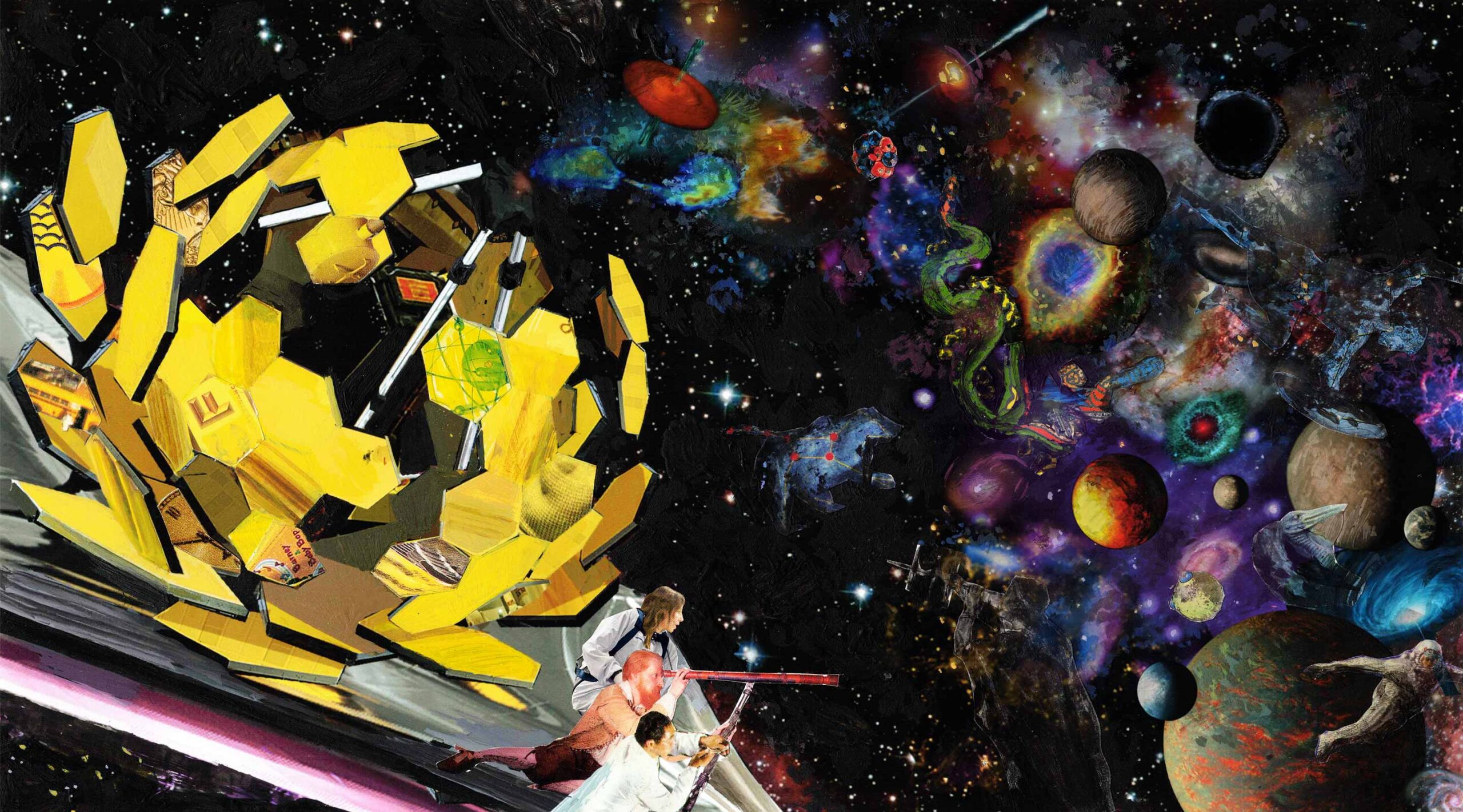 This illustration shows the James Webb Space Telescope next to stylized images of planets and stars.