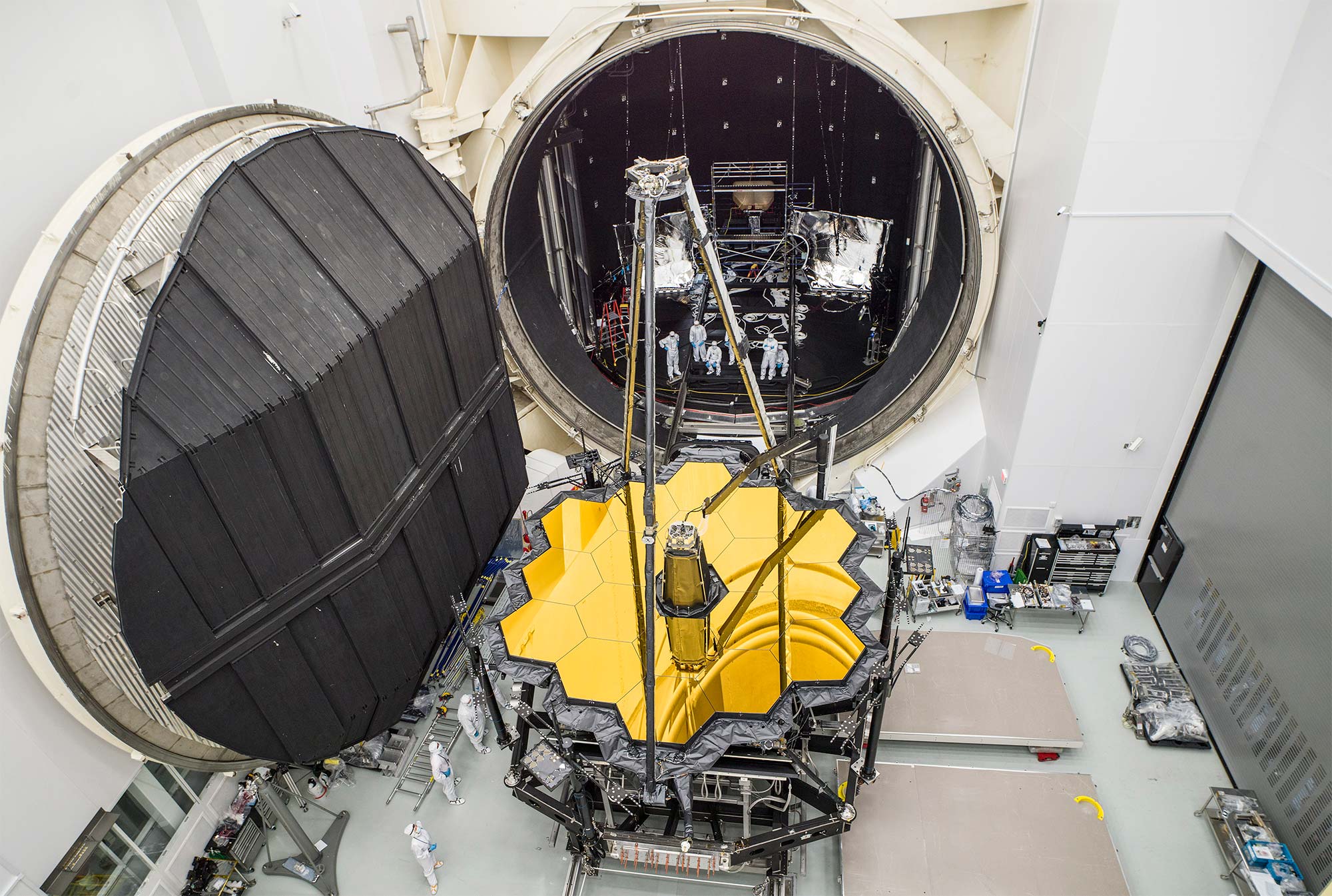 The Webb telescope emerged from a vacuum chamber at NASA’s Johnson Space Center in Houston on December 1, 2017, after about 100 days of cryogenic testing.